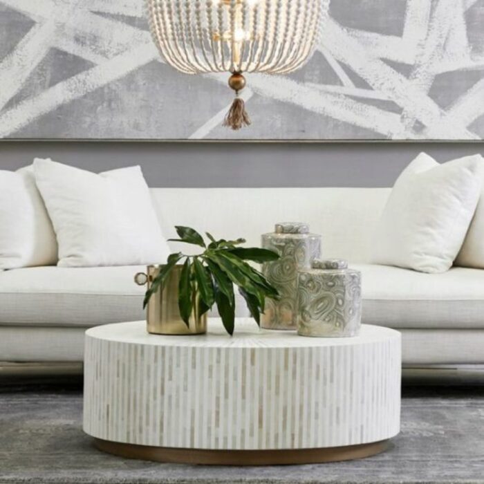 Furnshine -  Burl White Makayla Bone Inlay Stripe Design Round Coffee Table - Image 2