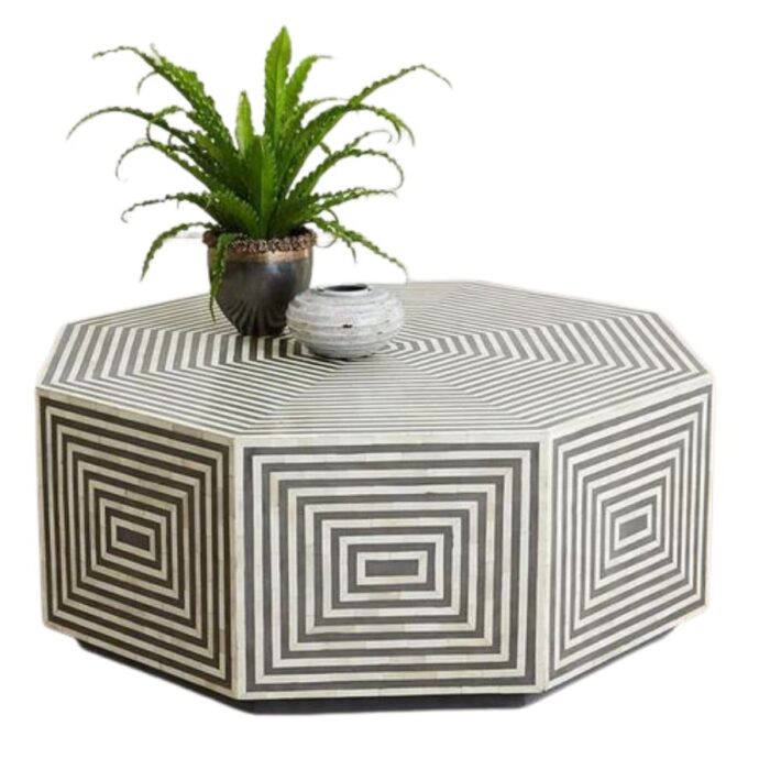 Furn Shine - Handcrafted Hexagon Bone Inlay Large Coffee Table In Grey Finish - Image 1