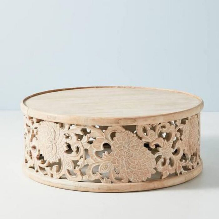 Furnshine - Konark Round Wooden Carved Floral Coffee Table - Image 1