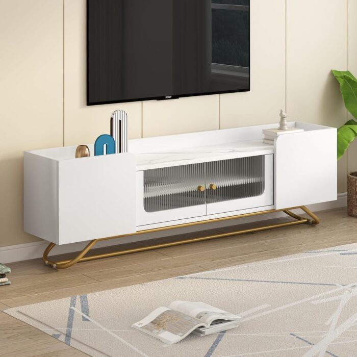 Furnshine - Alger TV Stand with Faux Marble Top & Fluted Glass Doors - Image 2