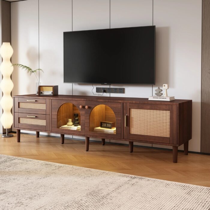 Furnshine - Easton 2 Curved Glass Doors TV Stand with 2 Rattan Drawers & 1 Rattan Door - Image 2