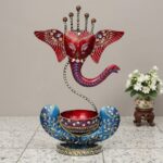 Furnshine - Braden Lord Ganesha Tea Light Candle Holder, Ganpati Deepak for Home Temple, Puja Room, Gift for Diwali Office Décor (Red & Sky Blue) - Image 2