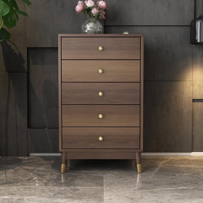 Furnshine - Chest of Drawer of Solid Engineered Wood Frame in Walnut | 5-Drawers - Image 1