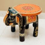 Furnshine - Morrison Handcrafted Wooden Elephant Table – Ethnic Painted Stool for Living Room Decor, Side Table & Festive Gift (Black & Orange) - Image 2