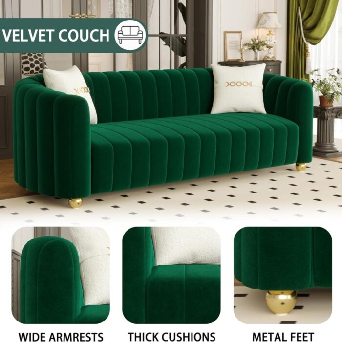 Furnshine - Patsy 83.46" Mid-Century 3-Seater Velvet Sofa with Gold Metal Sphere Legs - Image 21