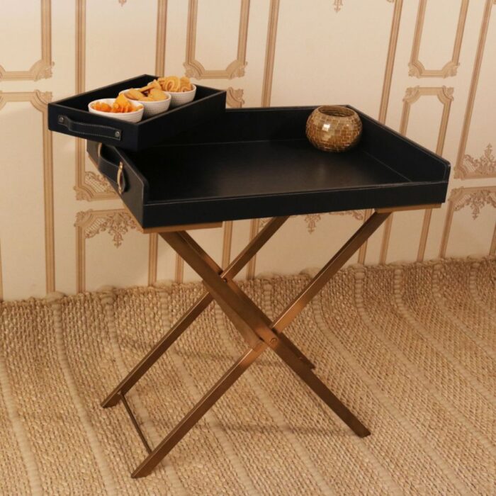Furnshine - Keyon Ink Blue Foldable Leather Butler Tray Table with Metal Stand - Image 2
