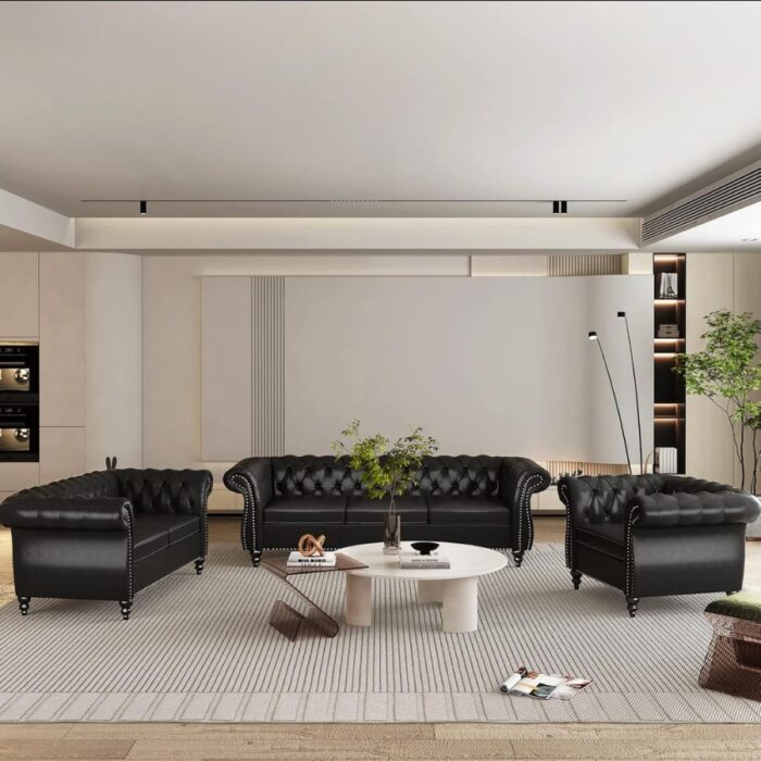 Furnshine - Vere 3 Pieces Faux Leather Chesterfield Sofa with Loveseat & Couch Chair - Image 36