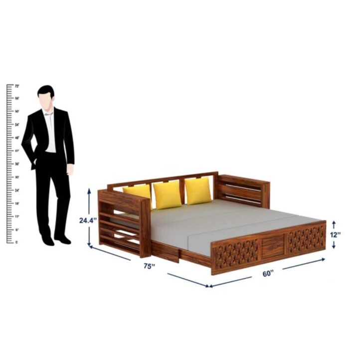 Furnshine - Riggan Solid Sheesham Wood 3 Seater Sofa Cum Bed with Mini Storage and Side Pockets - Image 6