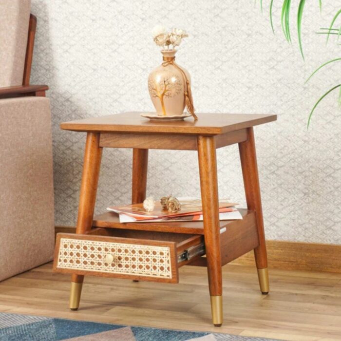 Furnshine - Farrar Solid Wood Rattan Side Table with 1 Drawer - Brown Finish - Image 2