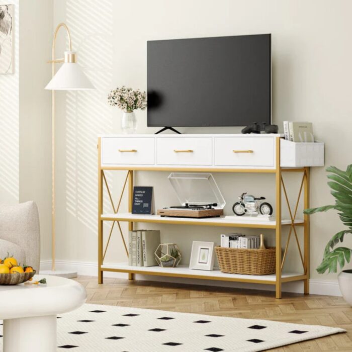 Furnshine - Marston Three Drawer White Gold Engineered Wood Console Table - Image 2