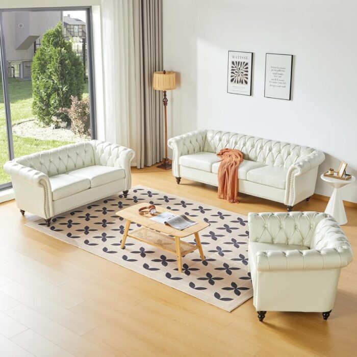Furnshine - Vere 3 Pieces Faux Leather Chesterfield Sofa with Loveseat & Couch Chair - Image 34