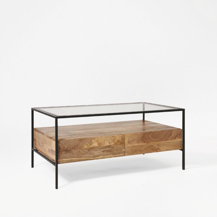 Furnshine - Zendaya Glass Top Coffee Table with Black Metal Frame & Solid Wood Storage Drawers - Image 3