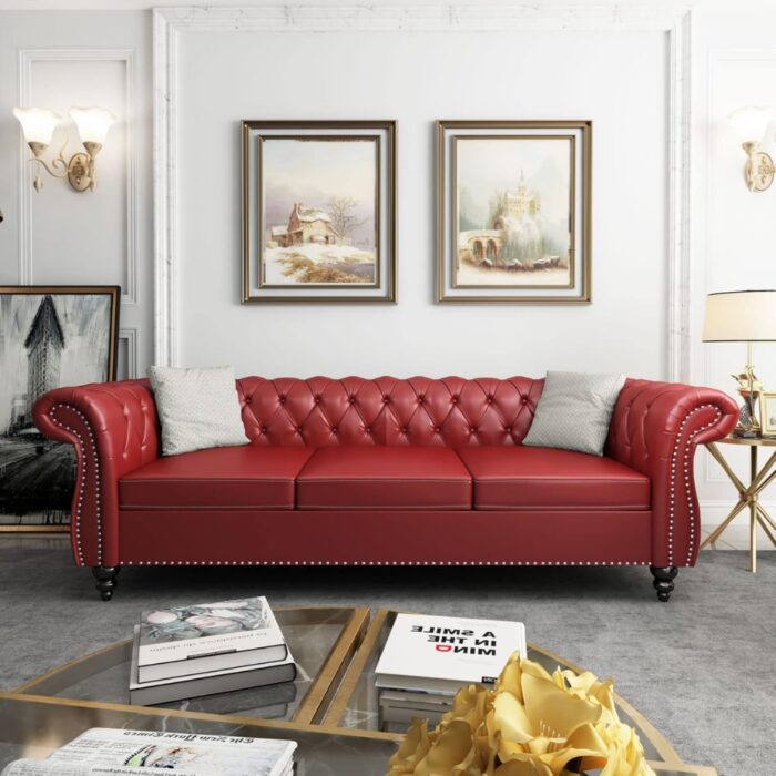 Furnshine - Vere 3 Pieces Faux Leather Chesterfield Sofa with Loveseat & Couch Chair - Image 4