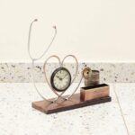 Furnshine - Cody Stethoscope Desk Organizer Clock – Multicolor Metal Heart Showpiece with Pen Holder & Wooden Base for Doctors - Image 3