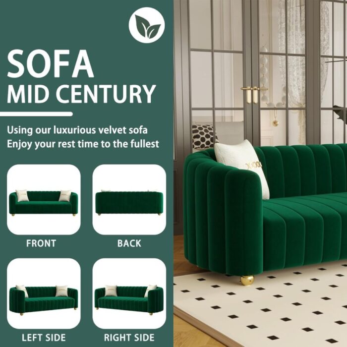 Furnshine - Patsy 83.46" Mid-Century 3-Seater Velvet Sofa with Gold Metal Sphere Legs - Image 7