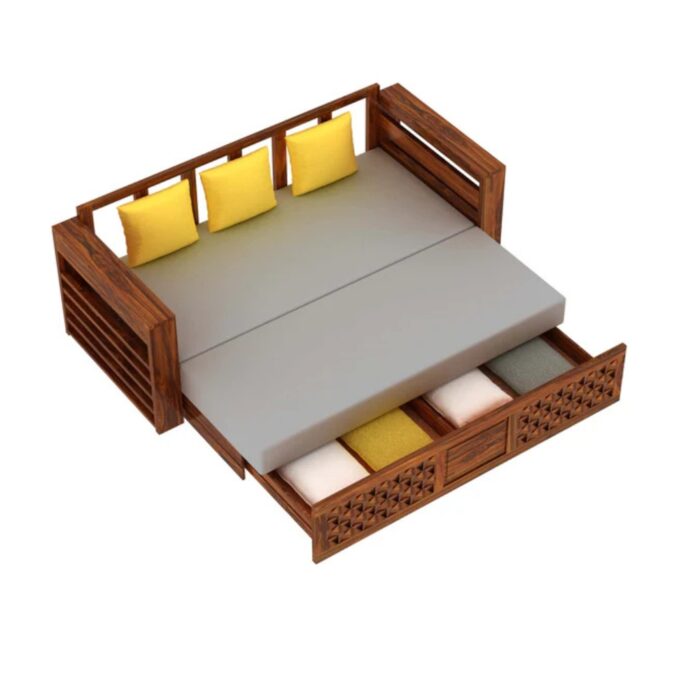 Furnshine - Riggan Solid Sheesham Wood 3 Seater Sofa Cum Bed with Mini Storage and Side Pockets - Image 5