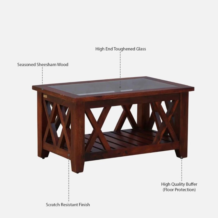 Furnshin - Rekker Sheesham Wood Coffee Table With Open Shelf & Glass Top - Image 4