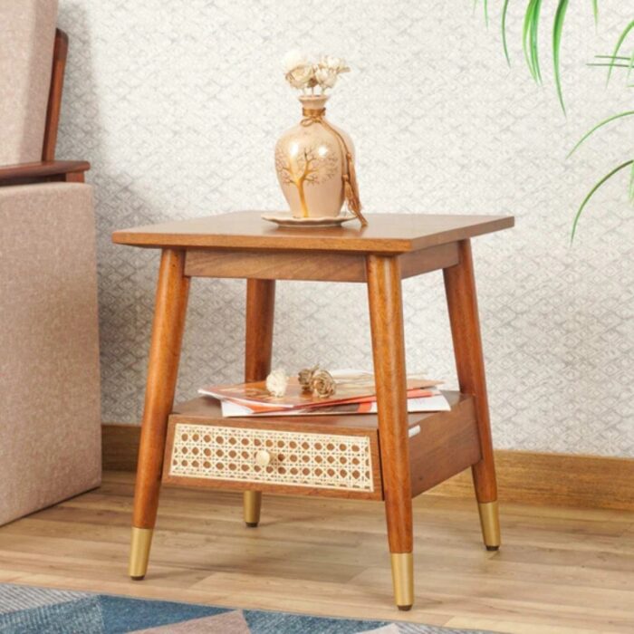 Furnshine - Farrar Solid Wood Rattan Side Table with 1 Drawer - Brown Finish - Image 3