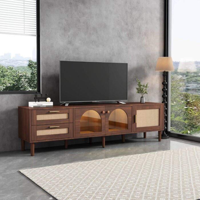 Furnshine - Easton 2 Curved Glass Doors TV Stand with 2 Rattan Drawers & 1 Rattan Door - Image 4