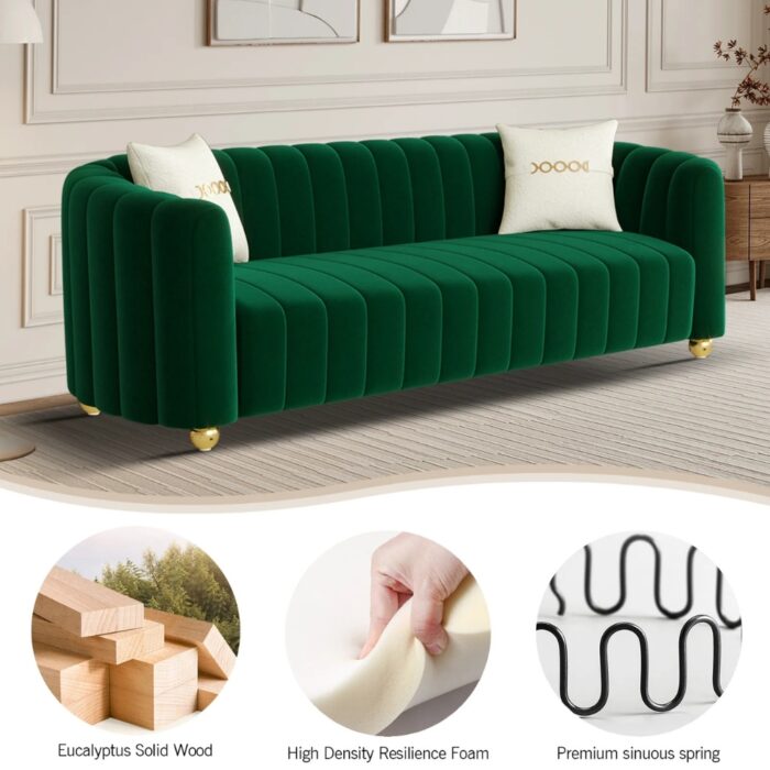 Furnshine - Patsy 83.46" Mid-Century 3-Seater Velvet Sofa with Gold Metal Sphere Legs - Image 2