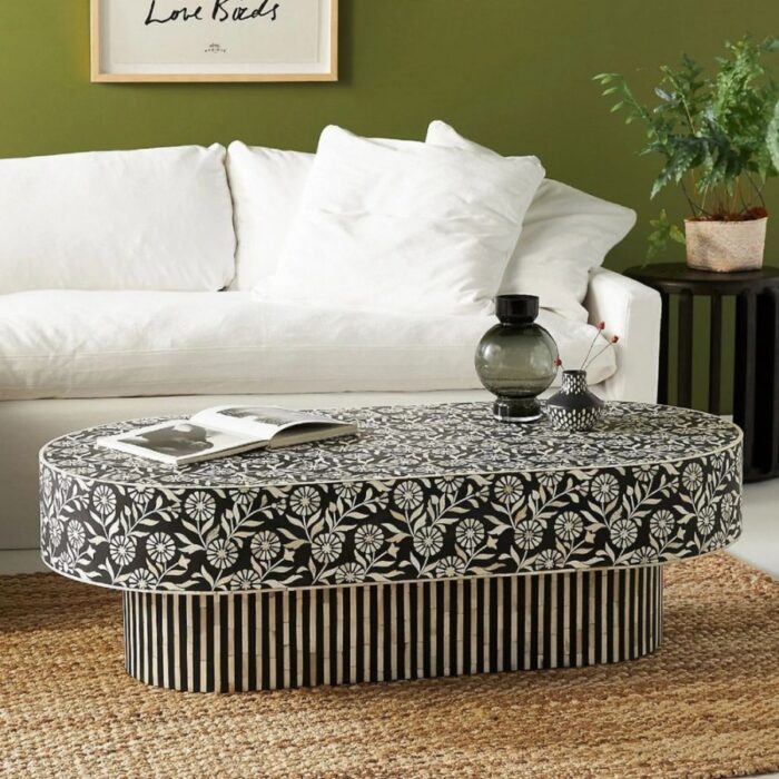 Furn Shine | Anamika Luxury Bone Inlay Oval Coffee Table | Floral Pattern Coffee Table | Inlaid Coffee Table | Hand Carved Bone Coffee Table | Central Table for Livingroom, Drawing room, Restaurant - Image 2
