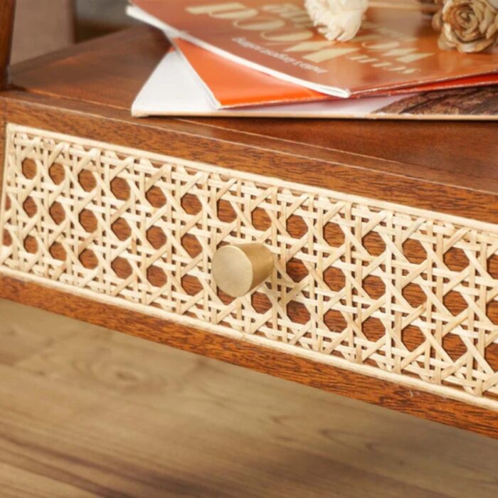 Furnshine - Farrar Solid Wood Rattan Side Table with 1 Drawer - Brown Finish - Image 5