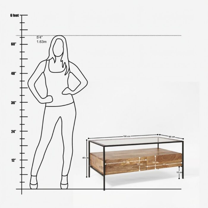 Furnshine - Zendaya Glass Top Coffee Table with Black Metal Frame & Solid Wood Storage Drawers - Image 5