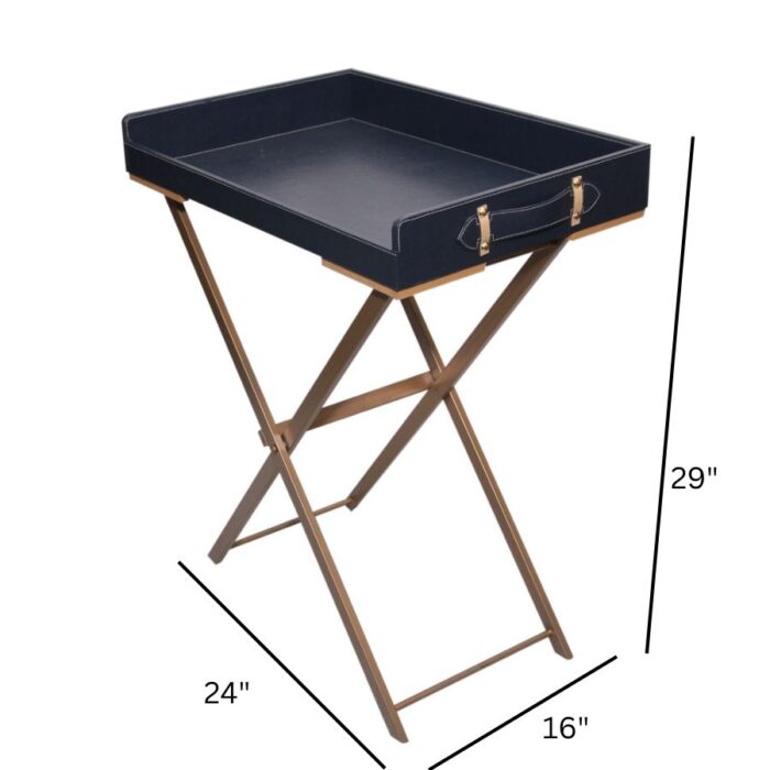 Furnshine - Keyon Ink Blue Foldable Leather Butler Tray Table with Metal Stand - Image 3