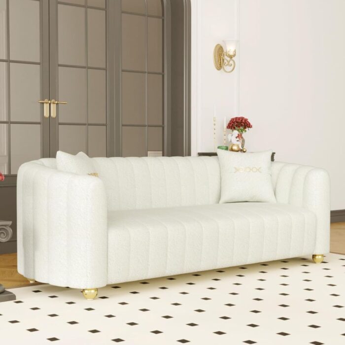 Furnshine - Patsy 83.46" Mid-Century 3-Seater Velvet Sofa with Gold Metal Sphere Legs - Image 9