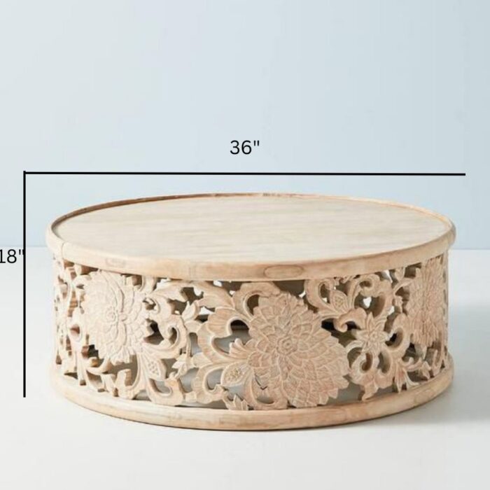 Furnshine - Konark Round Wooden Carved Floral Coffee Table - Image 5
