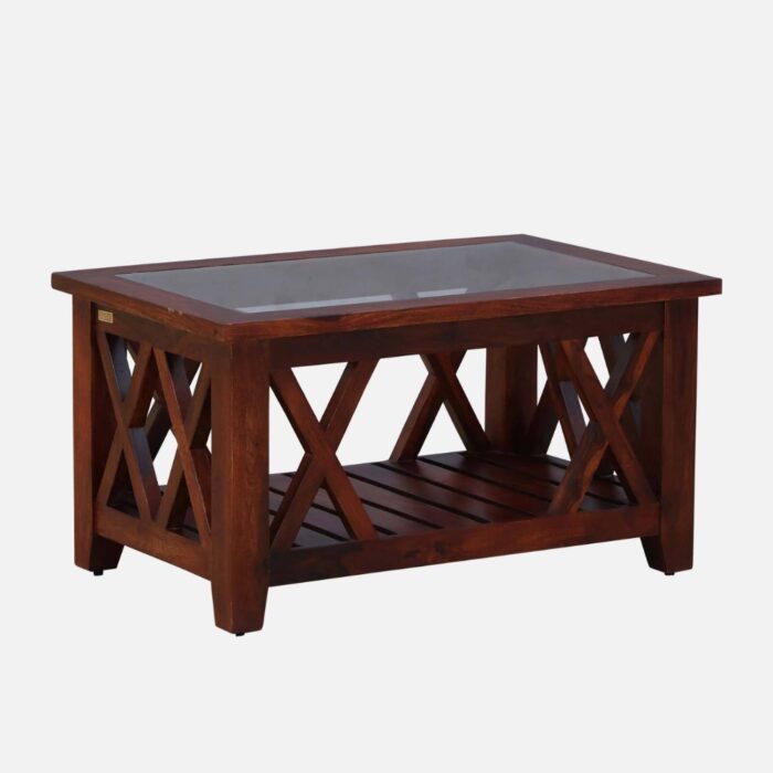Furnshin - Rekker Sheesham Wood Coffee Table With Open Shelf & Glass Top - Image 2