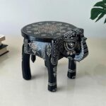 Furnshine - Kingsley Handcrafted Wooden Elephant Stool – Black Ethnic Floral Art | Decorative Accent Table