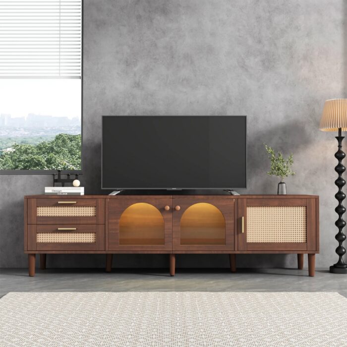 Furnshine - Easton 2 Curved Glass Doors TV Stand with 2 Rattan Drawers & 1 Rattan Door - Image 3