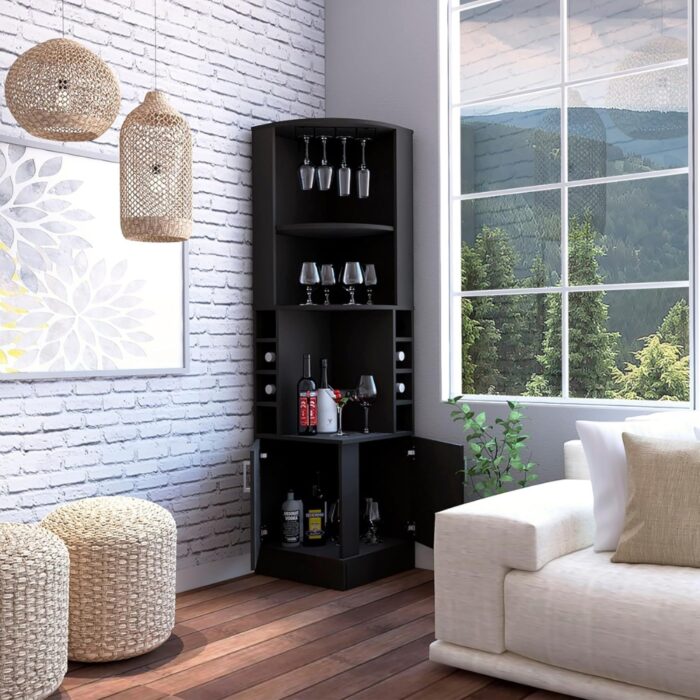 Furnshine - Bosley Corner Bar Cabinet Featuring Glass Rack & Built-in Wine Storage - Image 1