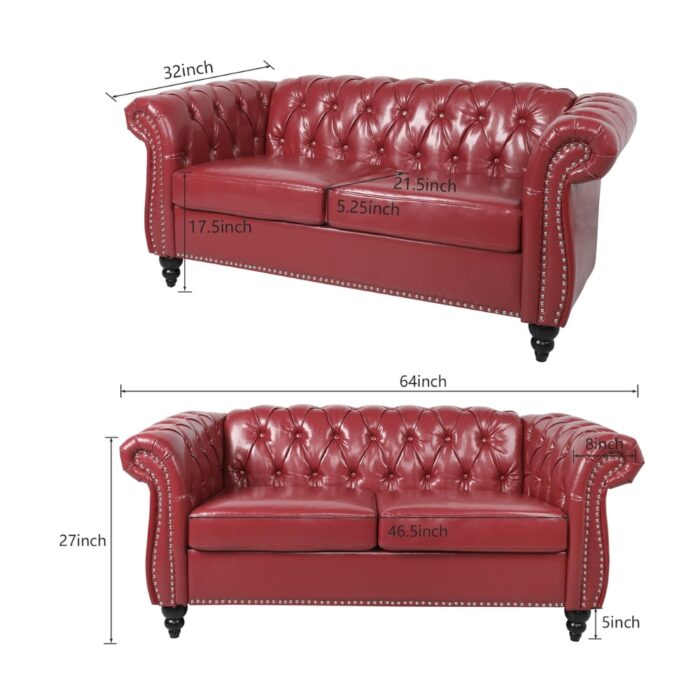 Furnshine - Vere 3 Pieces Faux Leather Chesterfield Sofa with Loveseat & Couch Chair - Image 8