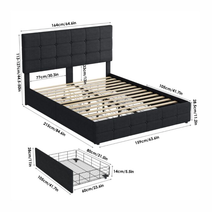 Furnshine - Barnes Tufted Upholstered Platform Queen Size 4 Storage Drawers Bed - Image 6