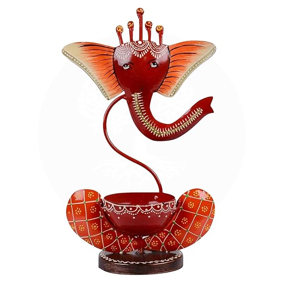 61Brwz4CWL._SX569_.jpg Furn Shine Ganesha Tea Light Candle Holder for Home Decor | Diya Diwali Light Centerpiece for Wedding, Party, Table - Red - Image 2