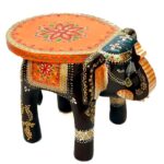 Furnshine - Morrison Handcrafted Wooden Elephant Table – Ethnic Painted Stool for Living Room Decor, Side Table & Festive Gift (Black & Orange) - Image 4
