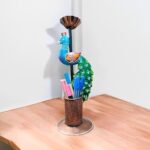 Furnshine - Chet Multicolor Iron Peacock Pen Stand & Tea Light Holder - Artistic Desk Organizer for Office, Study Table & Home Decor
