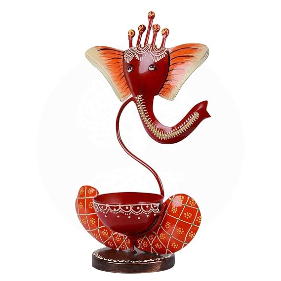 61Oc1BZkDxL._SX569_.jpg Furn Shine Ganesha Tea Light Candle Holder for Home Decor | Diya Diwali Light Centerpiece for Wedding, Party, Table - Red - Image 3