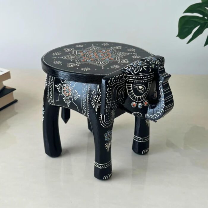 Furn Shine - Handcrafted Wooden Elephant Stool for Home Decoration - Black Compact Plant Stand, Small Side Table for Living Room, Bedroom, or Office, Modern Black Elephant Decor - Image 5