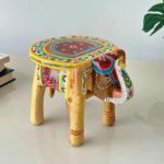 Furnshine - Auden Hand Painted Wooden Elephant Stool – Red/Yellow Multicolor Folk Art Accent Table