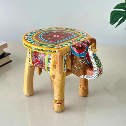 Furn Shine - Handcrafted Wooden Elephant Stool for Home Decoration, Multicolor Decorative Accent Furniture, Plant Stand, Compact Side Table for Living Room, Bedroom, Office (Yellow)