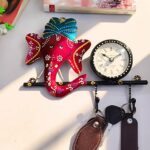 Furnshine - Shaw Ganesha Wall Clock with Two Key Holder | Handcrafted Spiritual Wall Decor & Entryway Organizer