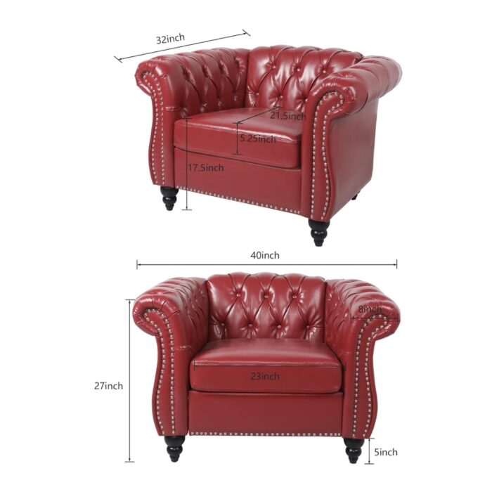 Furnshine - Vere 3 Pieces Faux Leather Chesterfield Sofa with Loveseat & Couch Chair - Image 7
