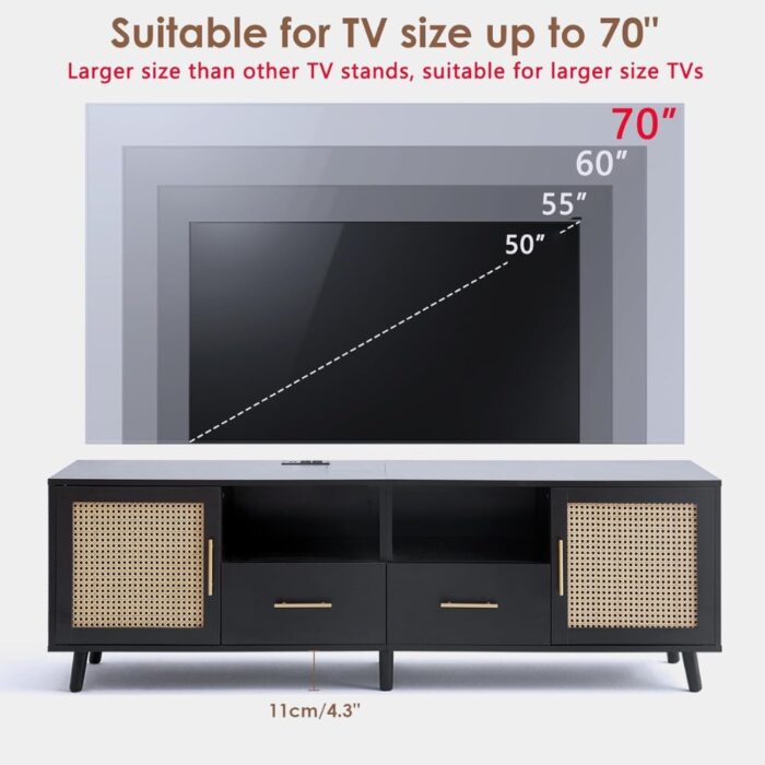 Furnshine - Mid-Century Modern Rattan TV Stand with Charging Station Light Strip - Image 5