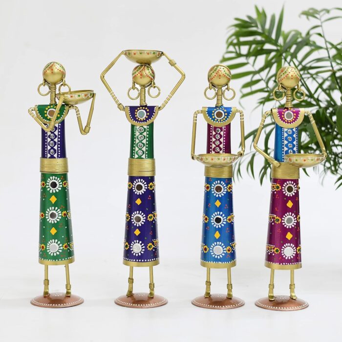 Furn Shine – Metal Rajasthani Kalbelia Tea Light Candle Holder Doll (Set of 4), Antique Decorative Candle Holders for Home and Office Decor, Handcrafted Metal Tea Light Doll Showpieces - Image 3