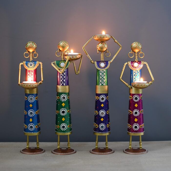 Furn Shine – Metal Rajasthani Kalbelia Tea Light Candle Holder Doll (Set of 4), Antique Decorative Candle Holders for Home and Office Decor, Handcrafted Metal Tea Light Doll Showpieces - Image 2