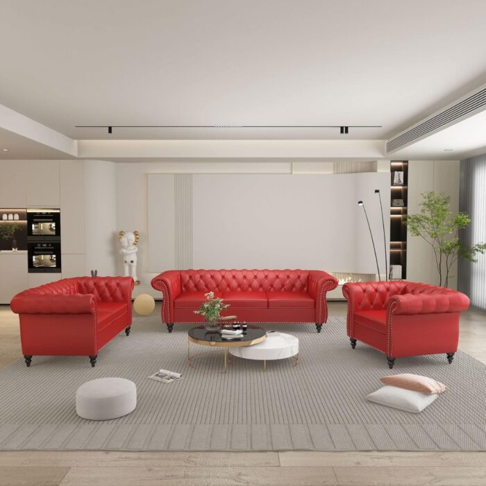 Furnshine - Vere 3 Pieces Faux Leather Chesterfield Sofa with Loveseat & Couch Chair - Image 1