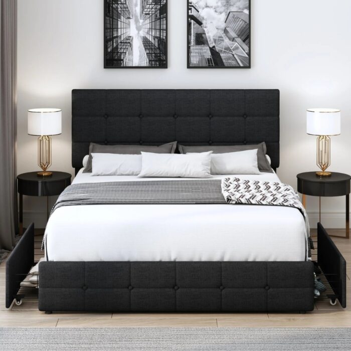 Furnshine - Barnes Tufted Upholstered Platform Queen Size 4 Storage Drawers Bed - Image 4